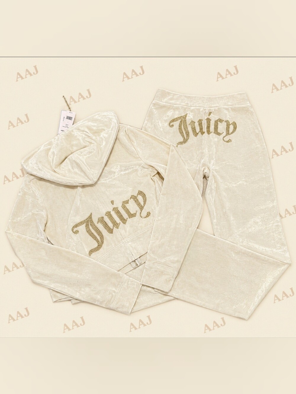 Juicy Couture Gold Luxe Velour OG Bling Luxury Zip Hoodie & Pants Set - S
